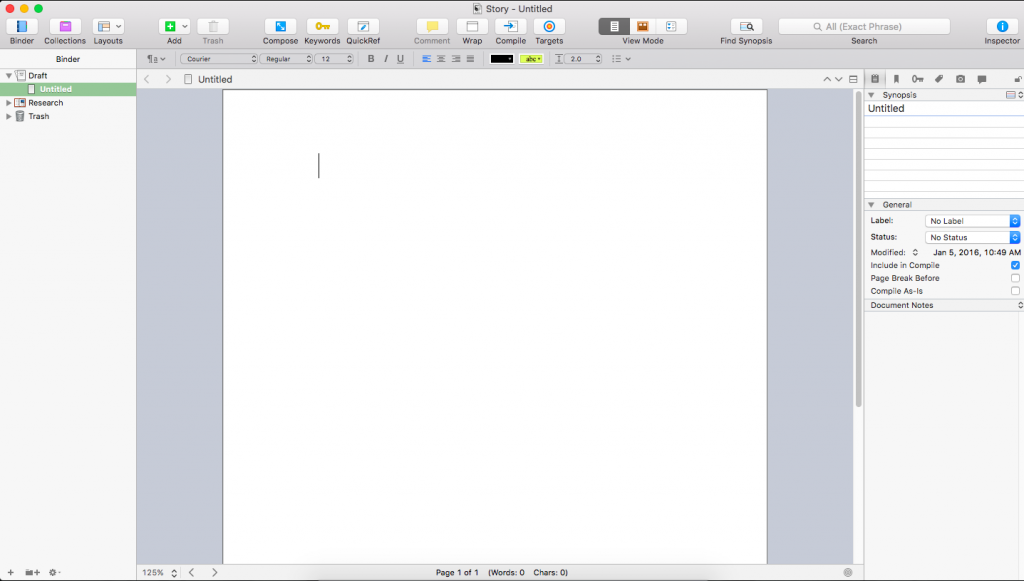 Scrivener Walkthrough - Blank project screenshot